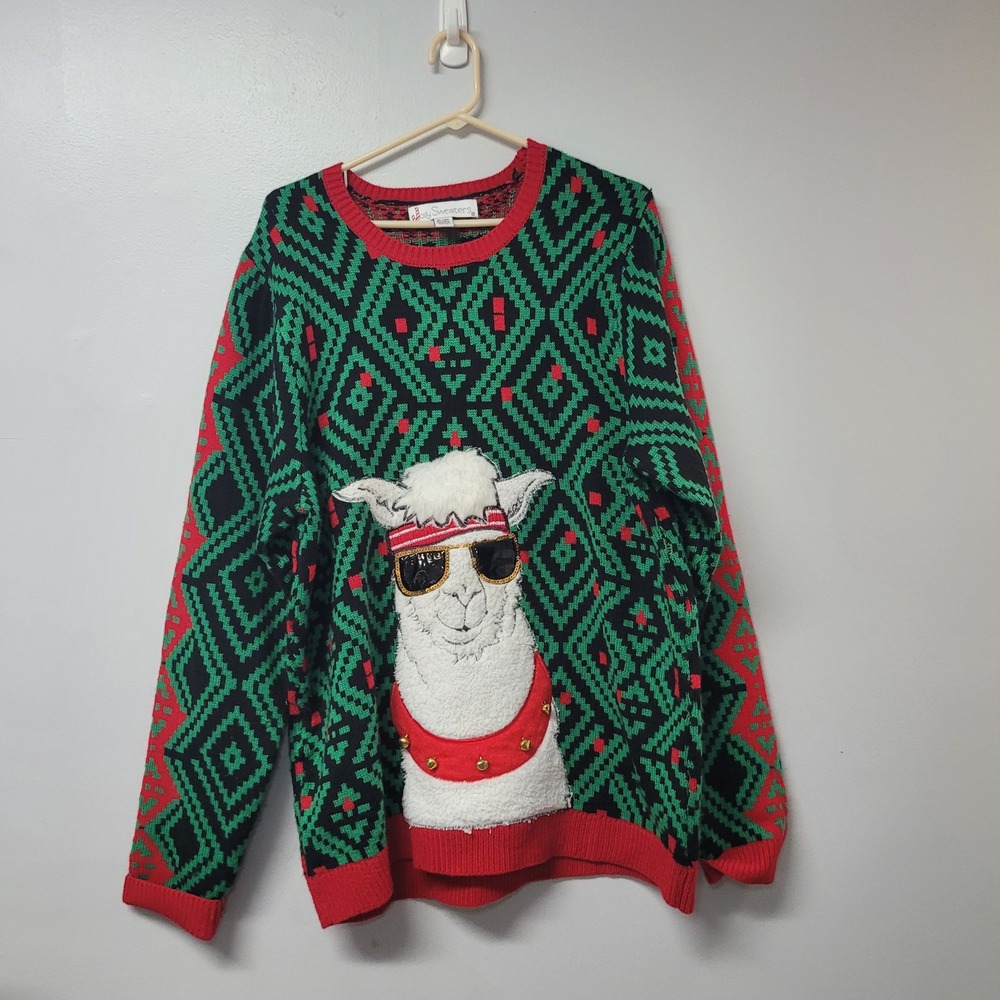 Jolly Sweaters Mens XL Ugly Christmas Sweater Llama Sunglasses Bells Green Red